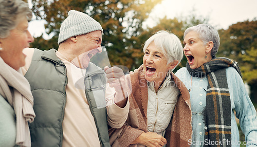 Image of Friends, laughing and senior people in park for bonding, conversation and quality time together outdoors. Retirement, happy and elderly man and women in nature with funny joke, humor and happiness