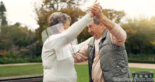 Image of Love, dance and retirement with old couple in park for marriage, support and romance. Relax, happiness and music with senior man and woman dancing in nature for happy, holding hands or date together