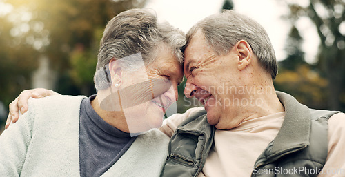 Image of Forehead, touch and senior couple in a park with love, happy and conversation with romantic bonding. Fun, old people and elderly man embrace woman with care, romance or soulmate connection outdoor