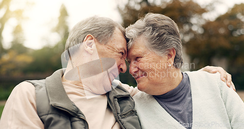 Image of Forehead, touch and senior couple in a park with love, happy and conversation with romantic bonding. Fun, old people and elderly man embrace woman with care, romance or soulmate connection outdoor