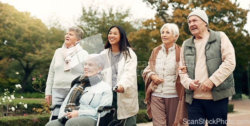 Image of Friends, walking and elderly people in park for bonding, wellness and quality time together outdoor. Friendship, health and senior man and women with caregiver in nature for fresh air, calm and relax