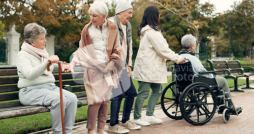 Image of Friends, retirement and senior people in park for bonding, conversation and quality time together outdoors. Friendship, happy and elderly man and women with caregiver on bench for relaxing in nature