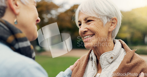 Image of Love, care and senior women embracing for affection, romance and bonding on an outdoor date. Nature, commitment and elderly female couple in retirement hugging in a green garden or park together.