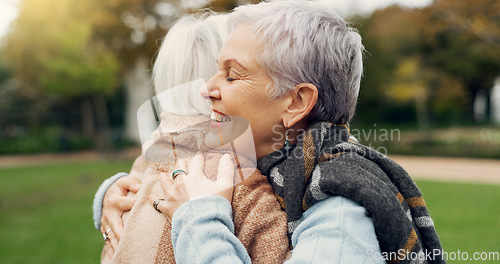 Image of Love, connection and elderly women hugging for affection, romance and bonding on an outdoor date. Nature, commitment and senior female couple in retirement with intimate moment in a garden or park.