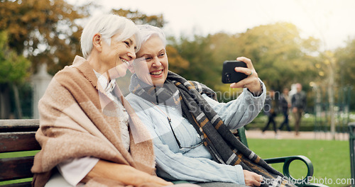 Image of Senior, women and selfie in a park happy, bond and relax in nature on a bench together. Friends, old people and ladies smile for social media, profile picture or memory in forest chilling on weekend