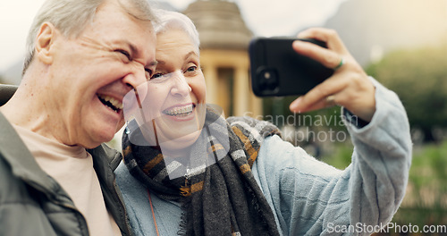 Image of Selfie, smile and senior couple in a park, happy and laugh, relax and bond in nature on the weekend. Love, fun and elderly man and woman relax outdoor with profile picture while enjoying retirement