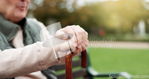 Image of Hands, cane and elderly man in nature for walking for fresh air, exercise or peace in a park. Environment, closeup and senior male person in retirement with a stick for support in outdoor garden.