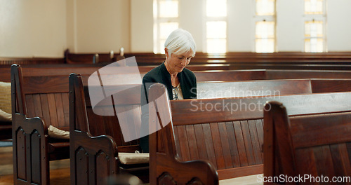 Image of Church, bible or senior Christian woman ready to worship God, holy spirit or religion in cathedral alone. Faith, mature spiritual lady or elderly person in chapel praying to praise Jesus Christ