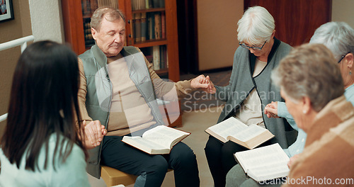 Image of Praying, worship and holding hands with people in bible study for support, Christian and spiritual. Community, faith and religion with prayer group in church for connection, hope and meeting together