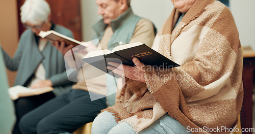 Image of Praying, worship and hands of people in bible study for support, Christian and spiritual. Community, faith and religion with closeup of prayer group in church for connection, hope or meeting together