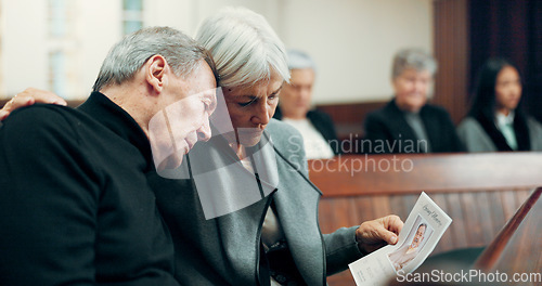 Image of Couple, funeral or sad old man crying in church for God, healing or comfort in Christian community. Elderly woman, depressed or support for an upset mature person in chapel for grief, loss or death