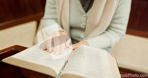 Image of Studying, bible or hands of woman in church ready to worship God, holy spirit or religion in Christian cathedral. Faith closeup, learning or lady reading book in chapel praying to praise Jesus Christ