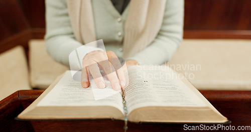 Image of Studying, bible or hands of woman in church ready to worship God, holy spirit or religion in Christian cathedral. Faith closeup, learning or lady reading book in chapel praying to praise Jesus Christ