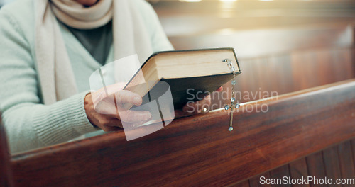 Image of Rosary, bible or hands of woman in church for God, holy spirit or religion with faith in Christian cathedral. Jewelry closeup, spiritual lady or person in chapel praying to praise Jesus Christ alone