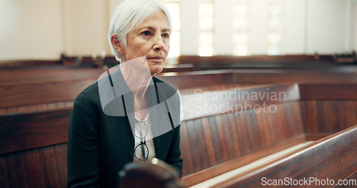 Image of Church, bible or senior Christian woman ready to worship God, holy spirit or religion in cathedral alone. Faith, mature spiritual lady or elderly person in chapel praying to praise Jesus Christ