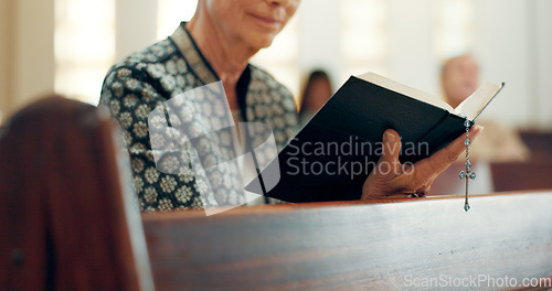 Image of Hands, reading book or woman in church for God, holy spirit or religion in Christian community cathedral. Faith worship, bible or closeup of person praying or studying gospel to praise Jesus Christ