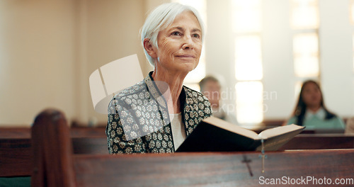 Image of Bible, religion and a senior woman in a church for a sermon on faith or christian belief while sitting in a pew. Prayer, worship or reading with an elderly female person hearing about God and Jesus