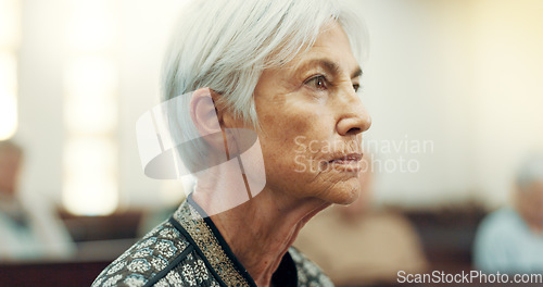 Image of Senior, prayer or old woman in church for God, holy spirit or religion in cathedral or Christian community. Faith, spiritual or face of elderly person in chapel or sanctuary to praise Jesus Christ