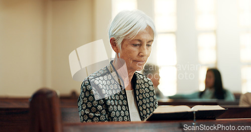 Image of Bible, religion and a senior woman in a church for a sermon on faith or christian belief while sitting in a pew. Prayer, worship or reading with an elderly female person hearing about God and Jesus