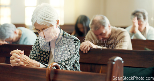 Image of Faith, prayer or old woman in church for God, holy spirit or religion in cathedral or Christian community. Worship, spiritual lady or elderly person in chapel or sanctuary to praise Jesus Christ