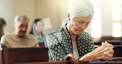 Image of Worship, prayer or old woman in church for God, holy spirit or religion in cathedral or Christian community. Faith, spiritual or elderly person in chapel or sanctuary to praise Jesus Christ