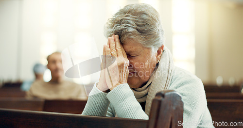 Image of Worship, praying or old woman in church for God, holy spirit or religion in cathedral or Christian community. Faith, spiritual or elderly person in chapel sanctuary to praise Jesus Christ with hope