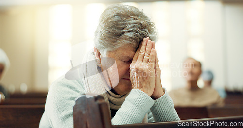 Image of Worship, praying or old woman in church for God, holy spirit or religion in cathedral or Christian community. Faith, spiritual or elderly person in chapel sanctuary to praise Jesus Christ with hope