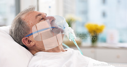 Image of Oxygen mask, hospital and senior man with ventilation and healthcare support in a clinic. Elderly patient, medical care and emergency room with male person at a doctor for wellness and health