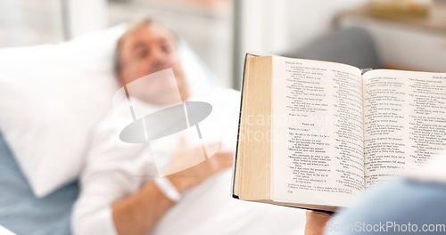 Image of Medical, a woman reading the bible to her husband during a visit and a couple in the hospital. Healthcare, retirement or religion with a wife and senior man patient at a clinic for faith in god