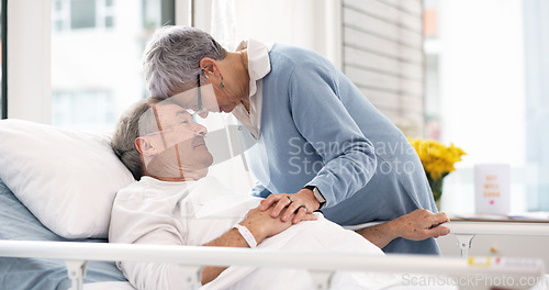 Image of Hospital, love or elderly couple, sick patient and affection for empathy, marriage bond and support for senior person. Retirement healthcare, forehead and man with medical problem, cancer or disease