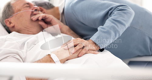 Image of Hospital, sad or elderly couple, sick patient and hug for empathy, marriage bond and support for senior person. Healthcare crisis, whisper and man cough from medical problem, cancer or disease in bed