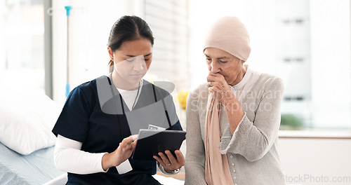 Image of Tablet, nurse and woman with cancer patient, elderly and hospital consultation for wellness. Tech, happy and medical professional with sick senior person coughing for advice, healthcare or support