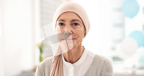 Image of Face, elderly woman and cancer patient in hospital for healthcare, wellness and healing. Portrait, senior and sick person in clinic with strong mindset for courage to fight for health in retirement