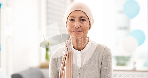 Image of Face, senior woman and cancer patient in hospital for healthcare, wellness and healing. Serious portrait, elderly and sick person in clinic with courage mindset to fight for health in retirement