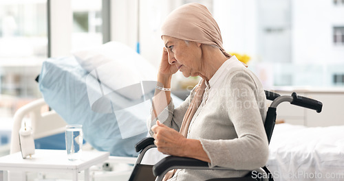 Image of Cancer, Parkinson and angry elderly woman at hospital in wheelchair frustrated after chemotherapy or treatment. Health, elderly care and lady patient with disability, sick or disease and depression