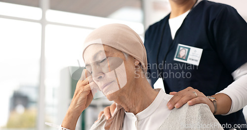 Image of Comfort, senior woman and cancer patient with nurse in hospital for support, healthcare and thinking. Sick elderly person, hand of medical professional and hope, empathy and courage in consultation