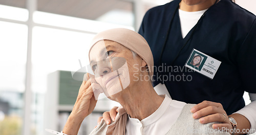 Image of Comfort, senior woman and cancer patient with nurse in hospital for support, healthcare and thinking. Sick elderly person, hand of medical professional and hope, empathy and courage in consultation