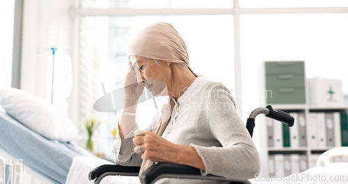 Image of Depression, cancer and angry elderly woman at hospital in wheelchair frustrated after chemotherapy or treatment. Health, elderly care and lady patient with disability, sick or disease and Parkinson