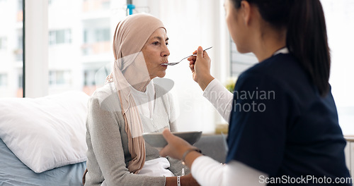 Image of Cancer, nurse and food with old woman in hospital for help, medical and support. Healthcare, medicine and rehabilitation with senior patient and caregiver in clinic for nursing, empathy and oncology