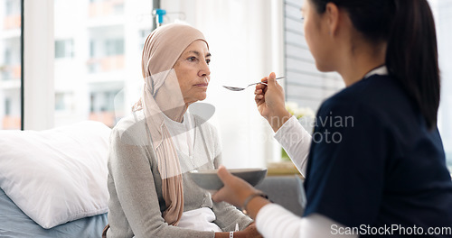 Image of Cancer, nurse and help with old woman in hospital for food, medical and support. Healthcare, medicine and rehabilitation with senior patient and caregiver in clinic for nursing, empathy and oncology