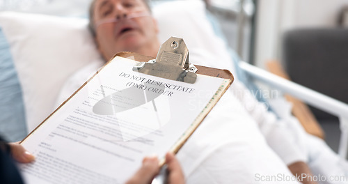 Image of Hospital, patient and doctor with dnr form on clipboard for medical service, sick and do not resuscitate. Healthcare, cancer and health worker with application for senior man for insurance in clinic