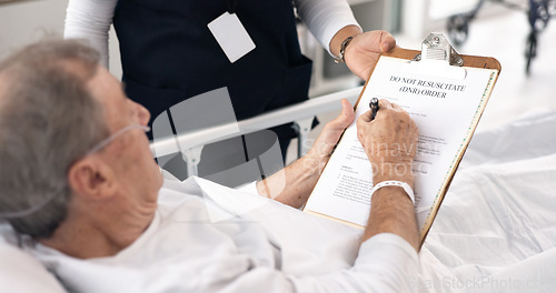 Image of Hospital, doctor and man sign dnr form on clipboard for medical service, will and do not resuscitate. Healthcare, cancer and health worker with application for senior patient for insurance in clinic