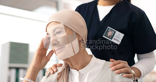 Image of Comfort, senior woman and cancer patient with nurse in hospital for support, healthcare and thinking. Sick elderly person, hand of medical professional and hope, empathy and courage in consultation