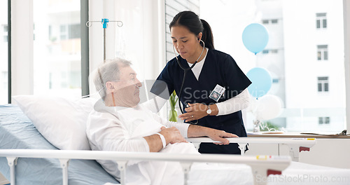 Image of Senior man, stethoscope or nurse check medical health, breathing or patient cardiology, lungs exam or elderly care. Hospital bed, retirement home or healthcare person, doctor or caregiver test client