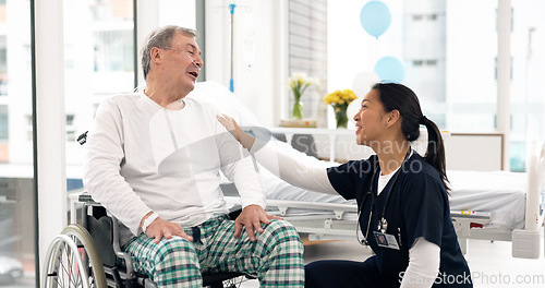 Image of Senior happy man, communication or nurse talking, chat and consulting on medical results, healthcare or rehabilitation. Hospital wheelchair, nursing home caregiver or disabled person listen to doctor