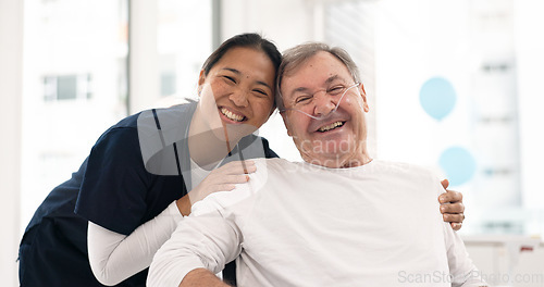 Image of Hospital, nurse and senior man hug for comfort, empathy and support for cancer patient. Healthcare, clinic and portrait of female health worker embrace male person for medical care, service and help