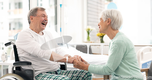 Image of Hospital, talking and woman visit man for comfort, care and support for wellness, service and surgery. Healthcare, medical clinic and friend with patient for recovery, rehabilitation and conversation