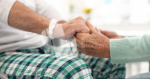 Image of Love, holding hands and senior couple support, empathy or elderly care for patient with medical problem, risk or disease. Retirement home, clinic closeup or old people with compassion, trust and bond