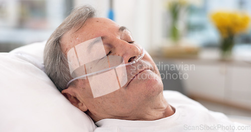 Image of Oxygen, hospital bed and senior man sleeping with ventilation and breathing tube support in a clinic. Elderly patient, medical care and emergency room with male person at a doctor for healthcare