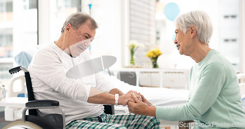 Image of Hospital, talking and woman visit man for comfort, care and support for wellness, service and surgery. Healthcare, medical clinic and friend with patient for recovery, rehabilitation and conversation